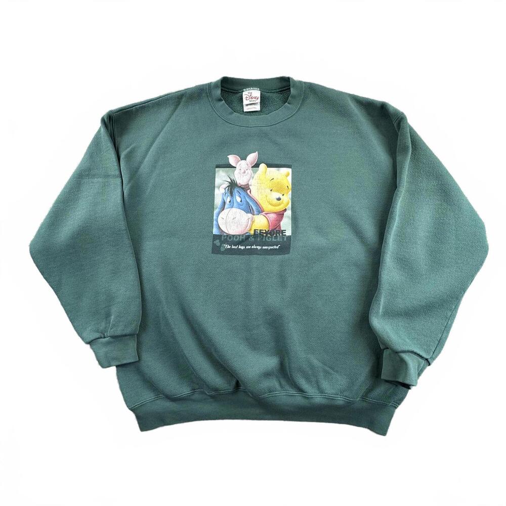 VTG Disney Winnie the Pooh Green Crewneck Sweatshirt Disney Store‎ XL PIN HOLE
